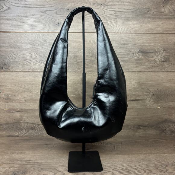 ZARA Shoulder Bag Hobo Black Faux Leather Slouchy Large Tote Purse Zip Closure - Picture 2 of 16